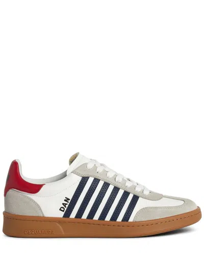 Shop Dsquared2 Iconic Boxer Sneakers In Calfskin Leather With Black Side Stripes And Red Heel In White