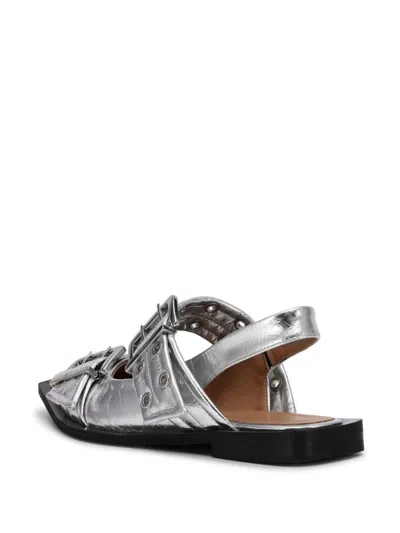 Shop Ganni Ballet Flats In Recycled Material With Two Straps. In Silver