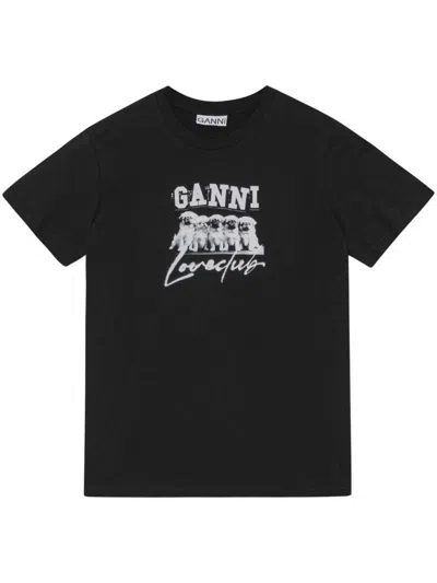 Shop Ganni Cotton T-shirt With Logo And Dogs Print In Black