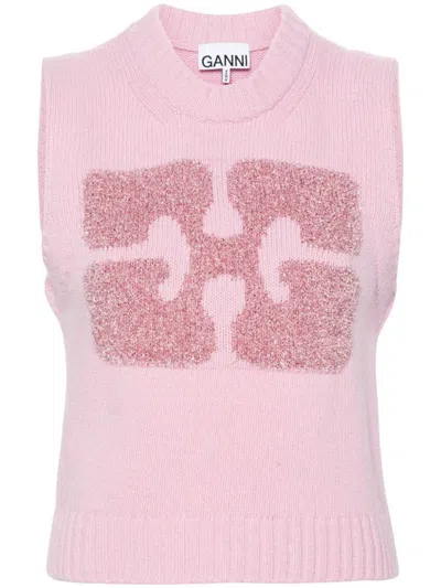 Shop Ganni Recycled Wool-blend Vest With Front Glitter Logo In Lilac