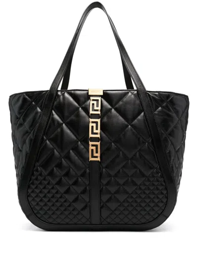 Shop Versace Calf Leather Shopping Bag With Metal Greca Motif In Black