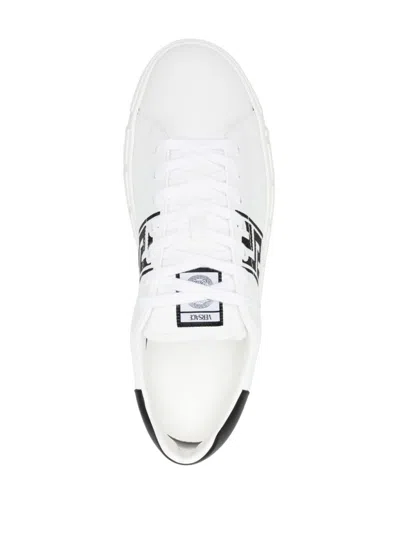 Shop Versace Calf Leather Sneakers With Greca Motif In Black