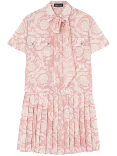 Versace Barocco Athena Pleated Minidress In Pink