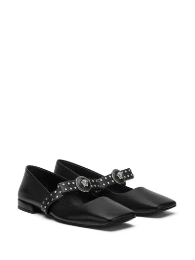 Shop Versace Gianni Ribbon Leather Ballerina Flats With Studded Bow In Black