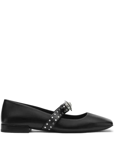 Shop Versace Gianni Ribbon Leather Ballerina Flats With Studded Bow In Black