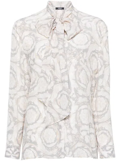Versace Barocco-printed Long-sleeved Crepe Shirt In Grey