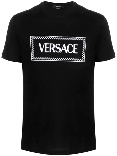 Shop Versace Cotton T-shirt With Front Printed Logo In Black