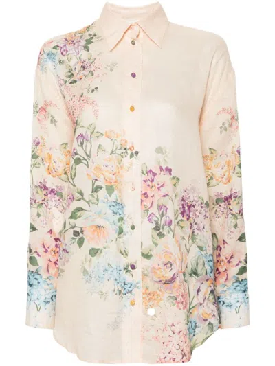 Shop Zimmermann Halliday Shirt In Ramie With Floral Print In Beige