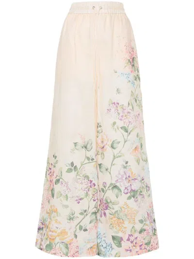 Shop Zimmermann Halliday Palazzo Pants In Linen With Floral Print In Beige