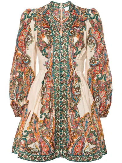 Shop Zimmermann Ottie Plunge Mini Dress In Linen With Paisley Print In Multicolour