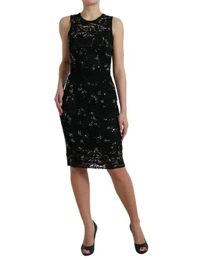 Dolce & Gabbana Black Floral Lace Crystal Sheath Dress In Black