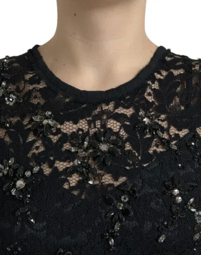 Dolce & Gabbana Black Floral Lace Crystal Sheath Dress In Black