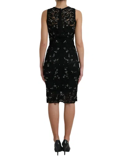 Dolce & Gabbana Black Floral Lace Crystal Sheath Dress In Black