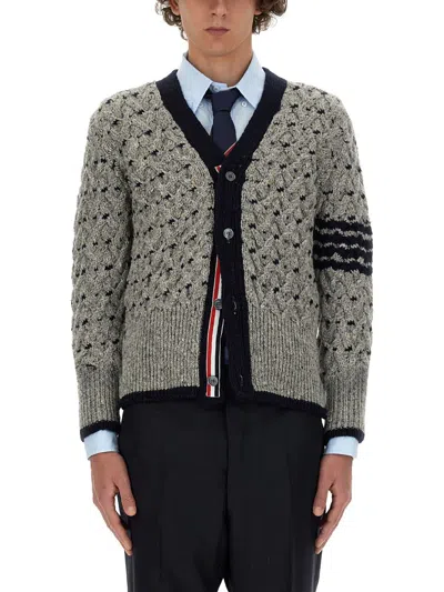 Shop Thom Browne "4 Bar Stripes" Cardigan In Grey