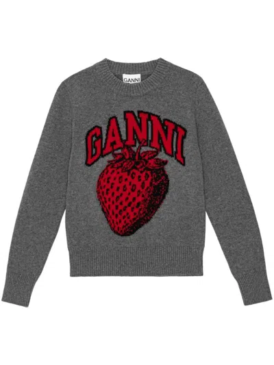 Shop Ganni Wool Crewneck Jumper In Grey