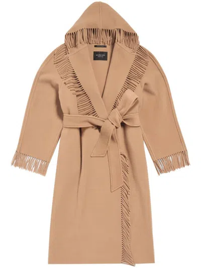 Shop Balenciaga Wool Fringed Coat In Beige