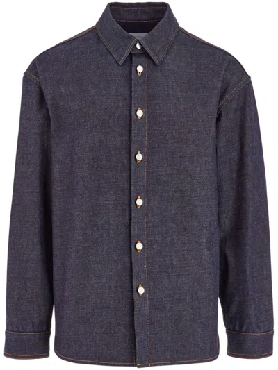 Ferragamo Long Sleeved Denim Shirt In Blue