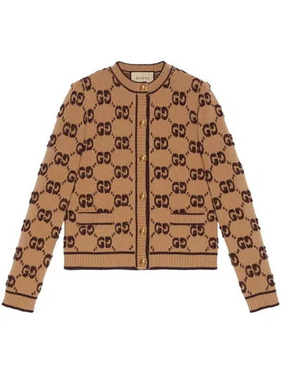 Shop Gucci Gg Wool Cardigan In Brown