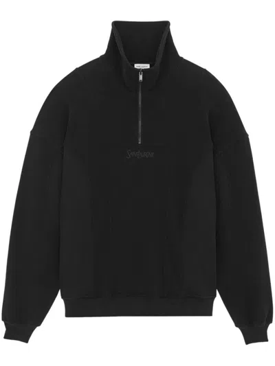 Shop Saint Laurent Logo-embroidered Cotton Sweatshirt In Black