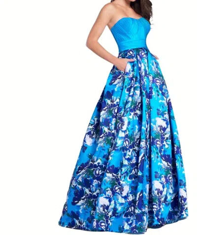 Ellie Wilde Strapless Floral Ballgown In Turquoise/floral In Multi