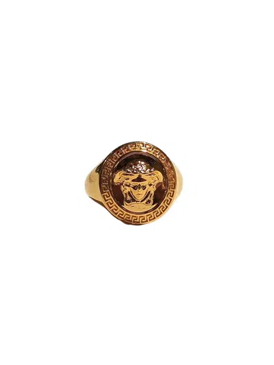 Versace Engraved Greek Key Medusa Head Ring In Grey