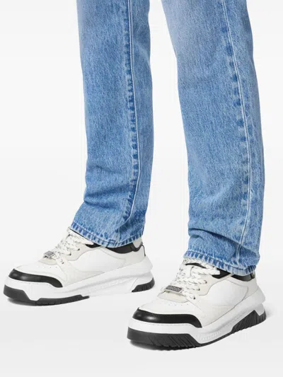 Versace White And Black Sneaker With Inserts And Chunky Sole In Leather Man In Black