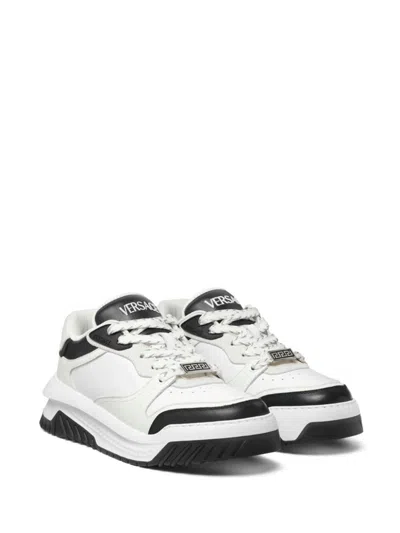 Shop Versace Sneaker Calf Leather Suede Fabric Shoes In Black