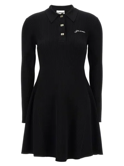 Shop Ganni Logo Embroidery Ribbed Dress In Black