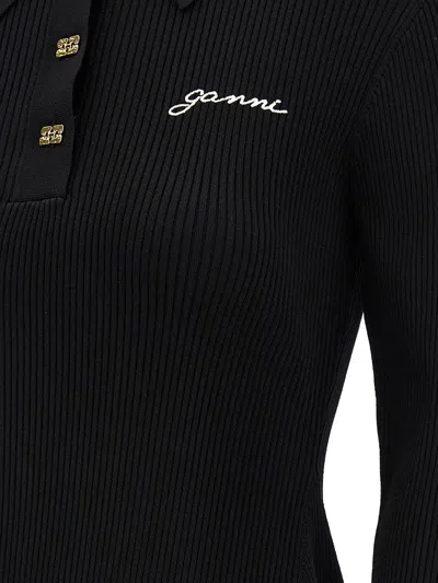 Shop Ganni Logo Embroidery Ribbed Dress In Black