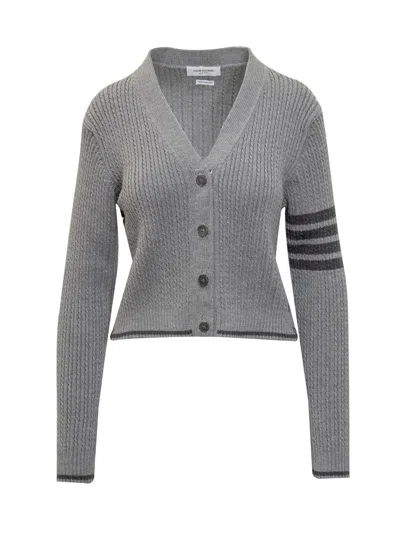 Shop Thom Browne Knitted Cardigan With Striped Details In Grey