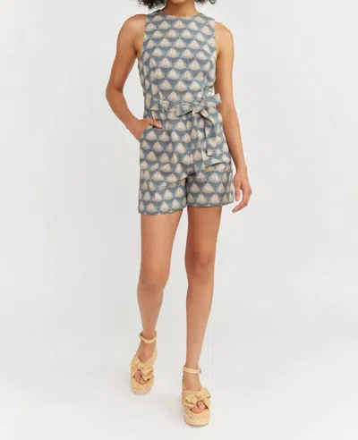 En Saison Novelty Geo Linen Tie Waist Romper In Blue Natural In Multi