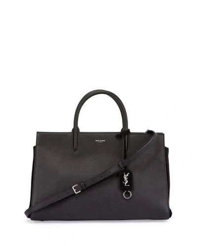 Saint Laurent 'medium Rive Gauche' Grained Leather Satchel - Black In Noir + Noir