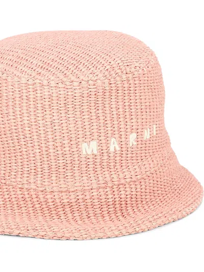 Shop Marni Raffia Bucket Hat With Logo Embroidery Hats Pink