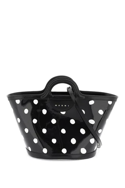 Shop Marni Patent Leather Tropicalia Bucket Bag With Polka Dot Pattern In Black