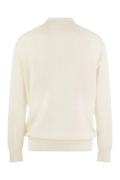 Shop Brunello Cucinelli Cotton Rib Knit Polo Shirt With Long Raglan Sleeve In Beige