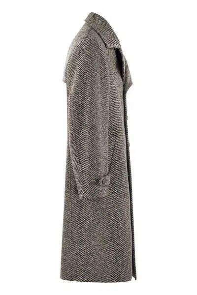 Brunello Cucinelli Men One-and-a-half-breasted Coat In Herringbone Virgin Wool In Black/white