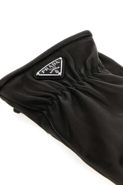 Prada Nappa Leather Gloves Elasticated Wrist In Black