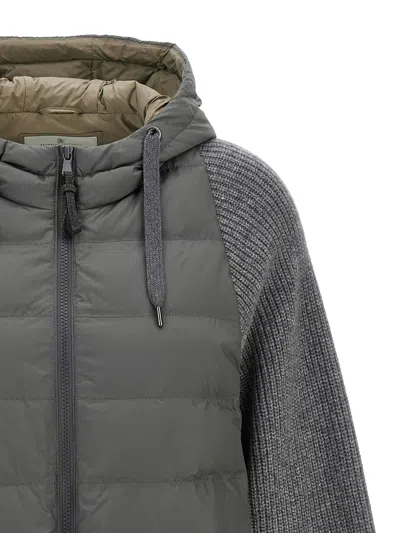 Shop Brunello Cucinelli Hooded Down Jacket With 'solomeo' Inserts In Gray