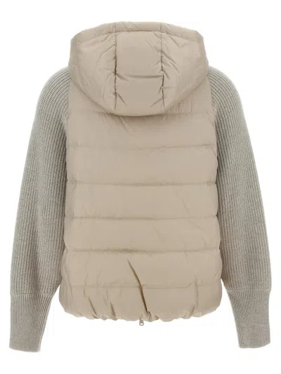 Shop Brunello Cucinelli Hooded Down Jacket With 'solomeo' Inserts In Beige