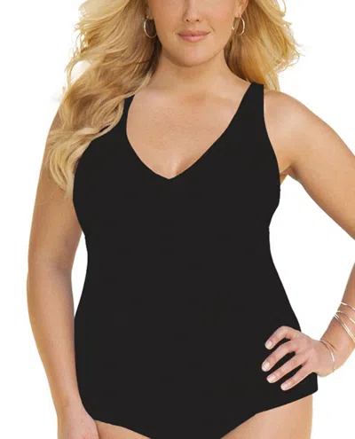 Always For Me Plus Size Ruched A-line Tankini Top In Black In Black