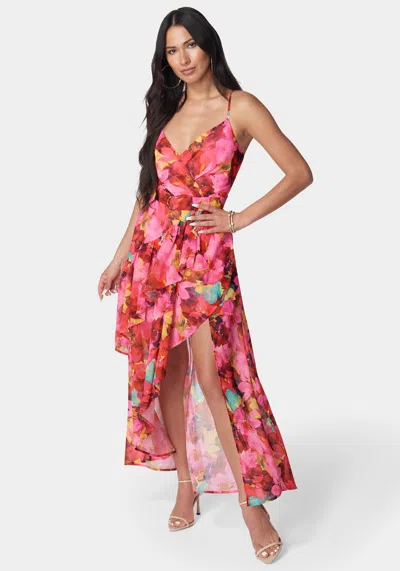 Bebe Printed Ruffle Wrap Dress In Watercolor Palm