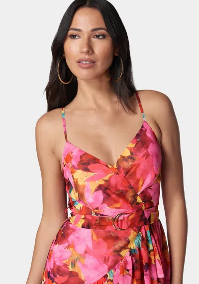 Bebe Printed Ruffle Wrap Dress In Watercolor Palm