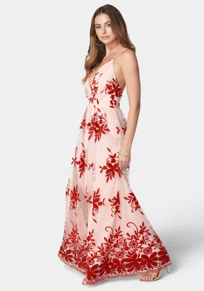 Shop Bebe Plunge Neck Embroidered Maxi Dress In Pink
