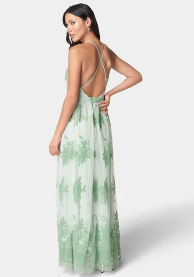 Bebe Plunge Neck Embroidered Maxi Dress In Olive