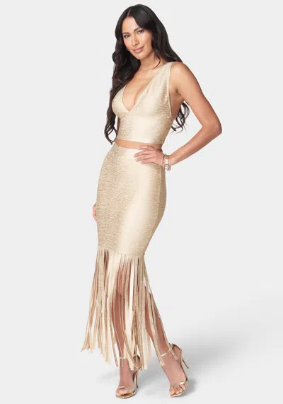 Bebe Bandage Foil Two Piece Fringe Set In Champagne