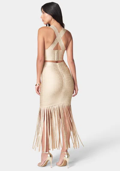 Bebe Bandage Foil Two Piece Fringe Set In Champagne