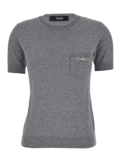 Shop Versace Grey T-shirt With Medusa Detail In Wool Blend Woman