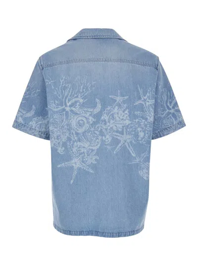 Versace Light Blue Barocco Shirt With Barocco Sea Print