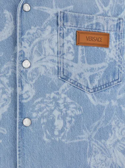 Versace Light Blue Barocco Shirt With Barocco Sea Print
