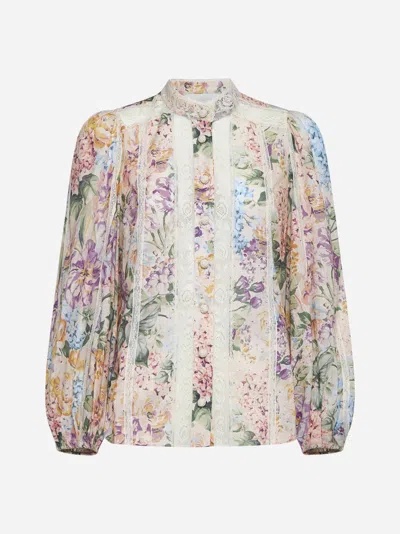 Shop Zimmermann Halliday Print Cotton And Lace Shirt In Multi Watercolour Floral